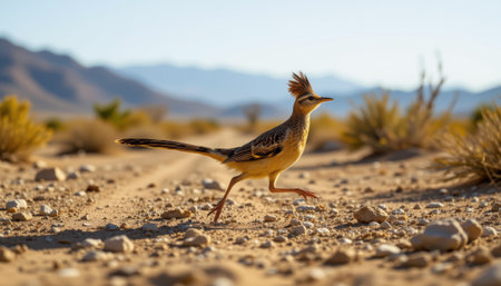 timeless roadrunner photographed in a sprinting pose in a desert track, in a classic wildlife photography style, with sun baked tones, strong light, high resolutionの素材