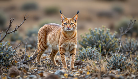 timeless caracal photographed in a stalking pose in a thorny scrub, in a classic wildlife photography style, with warm gray tones, afternoon light, high resolutionの素材