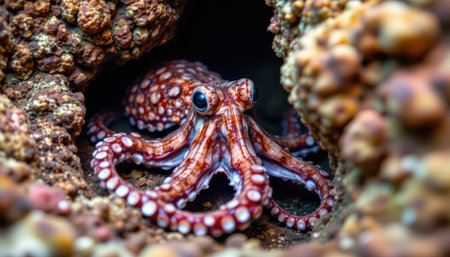 timeless octopus photographed in a camouflaged pose in a reef nook, in a classic wildlife photography style, with adaptive tones, dappled light, high resolutionの素材