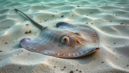 timeless stingray photographed in a gliding pose in a sandy bottom, in a classic wildlife photography style, with muted sea tones, filtered light, high resolutionの素材