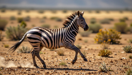 timeless zebra photographed in a trotting pose in an arid savanna, in a classic wildlife photography style, with contrast rich tones, direct sunlight, high resolutionの素材