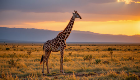 timeless giraffe photographed in a standing pose in an open savanna, in a classic wildlife photography style, with warm yellow tones, sunset light, high resolutionの素材