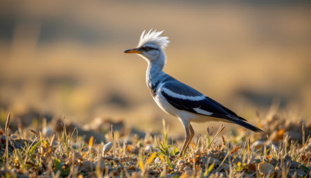 timeless secretary bird photographed in a striking pose in a grass plain, in a classic wildlife photography style, with subtle tones, morning light, high resolutionの素材