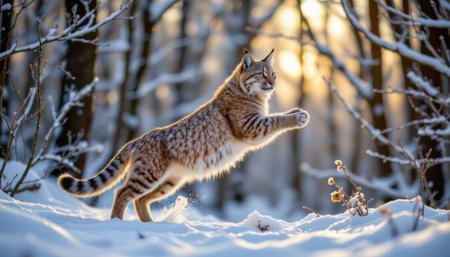 timeless lynx photographed in a leaping pose in a snowy forest, in a classic wildlife photography style, with frosty white tones, twilight light, high resolutionの素材