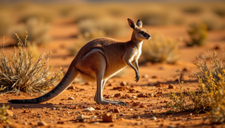 timeless kangaroo photographed in a bounding pose in a red desert, in a classic wildlife photography style, with warm ochre tones, midday sun light, high resolutionの素材