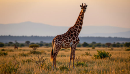 timeless giraffe photographed in a standing pose in an open savanna, in a classic wildlife photography style, with warm yellow tones, sunset light, high resolutionの素材