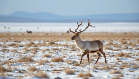 timeless caribou photographed in a migrating pose in a tundra expanse, in a classic wildlife photography style, with pale cool tones, diffused daylight, high resolutionの素材