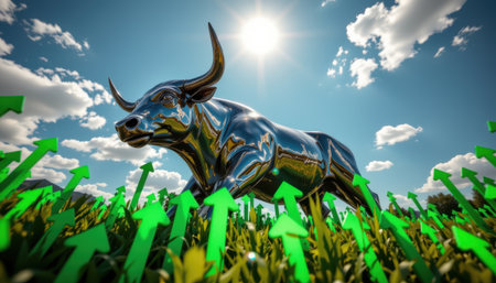 imagine a striking art piece showcasing a magnificent metallic bull, gleaming under the high noon sun, positioned proudly amidst a sea of vibrant green upward trending arrowsの素材