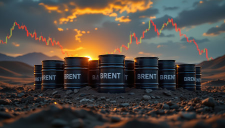 imagine a mesmerizing art piece capturing the essence of a world in turmoil, in the center of the scene, a cluster of black oil barrels, each bearing the name brentの素材