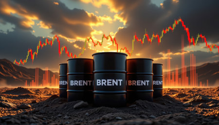 imagine a mesmerizing art piece capturing the essence of a world in turmoil, in the center of the scene, a cluster of black oil barrels, each bearing the name brentの素材