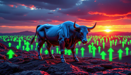 imagine looking out over a vast, shimmering landscape at the distant horizon, where a majestic metallic bull stands proudly amidst a sea of glowing green upward trending arrows, the bullの素材