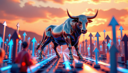 imagine a breathtaking scene where a majestic metallic bull, gleaming with strength and power, towers proudly amidst a sea of glowing blue upward trending arrowsの素材