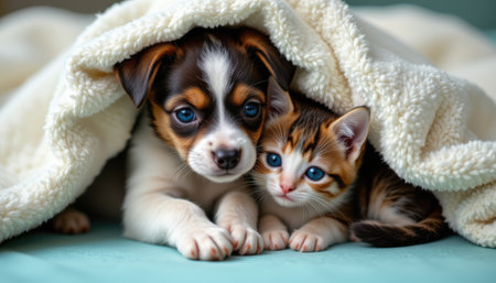 adorable puppy and kitten cuddling under a soft blanket, at the bottom with turquoise tones.の素材