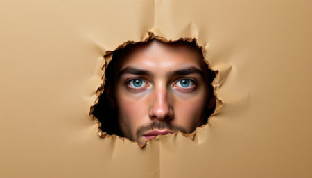 male face looking through hole in paper, positioned at the bottom with empty space above for text.の素材