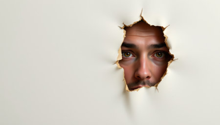 male face peeking through torn hole in paper on the right side, with empty space on the left for text or design.の素材