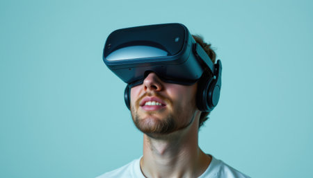 man in vr goggles at top, turquoise tones.の素材