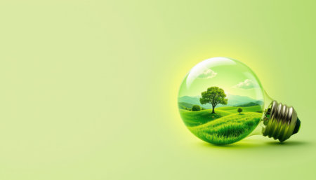 green landscape inside light bulb, subject on right, soft glow style, vibrant lime tones, ample copy space on left.の素材