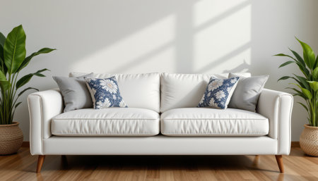 two cozy white sofa seats floating, subject positioned at the top with clear copy space at the bottom.の素材
