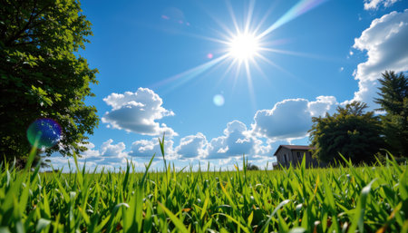 subject at bottom of vibrant green grass field under bright blue sky with fluffy clouds, solar flare shining down from top with ample copy space.の素材