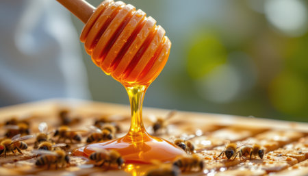 fresh golden honey dripping from a honey dipper, with bees surrounding it, subject at the bottom of the frame with clear copy space at the top for text or design elements.の素材