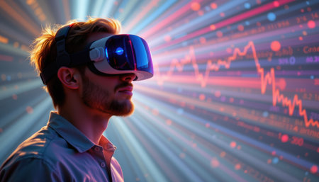 man in vr goggles on left side, lightwave style, under shimmering rays, with clear copy space on right side.の素材