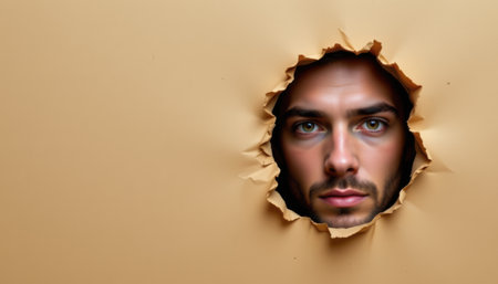 male face peeking through paper hole on right side, clear copy space on left side.の素材