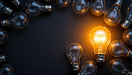 illuminated light bulb shining among unlit bulbs on dark background, top view with copy space below.の素材