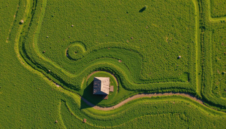aerial view of a small eco friendly house on lush green grass, subject at the bottom with clear copy space at the top.の素材