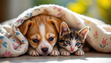 adorable puppy and kitten cuddling under blanket, bottom of frame, crisp sunlight above for copy space.の素材