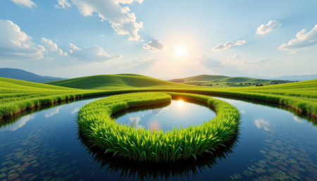 green sphere landscape with grass and clear water, subject at top with copy space at bottom.の素材