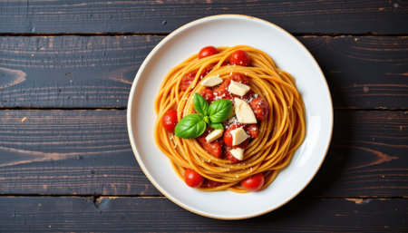 plate of spaghetti with tomato sauce, parmesan, and basil on dark wooden background, top view with copy space at the bottom.の素材