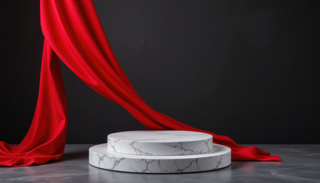 luxurious red silk fabric elegantly draped over circular pedestal on dark background, subject at bottom, ample copy space at top.の素材