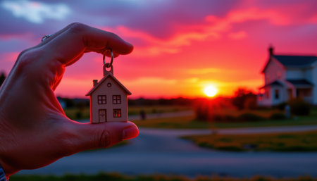 close up of a hand holding a house shaped keychain on the left side of the image, bold magenta tones under a blazing sunset sky, ample copy space on the right for text or graphics.の素材