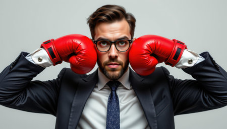 confident businessman in suit with red boxing gloves, surreal style, subject at the bottom with copy space at the top on a light background.の素材