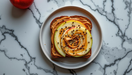 top view of peanut butter apple toast with chia seeds on marble background under neon lights, position subject at the top with clear copy space at the bottom.の素材