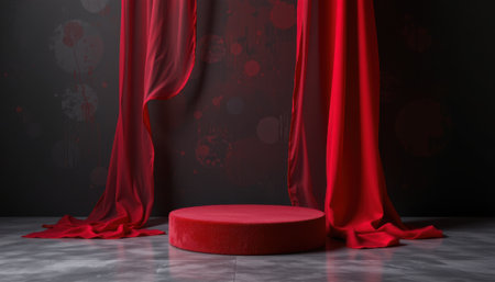 luxurious red silk fabric elegantly draped over circular pedestal on dark background, subject at top with ample copy space at bottom.の素材