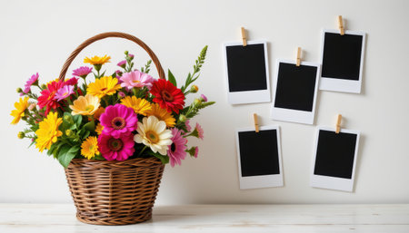 colorful array of vibrant flowers in a rustic wicker basket position subject on the left side of the image with blank instant photo frames pinned to a white background on the right sideの素材