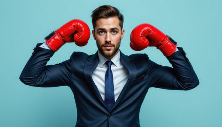 confident businessman in suit wearing red boxing gloves, standing at the top of the image on a light background with crystal blue tones, ample copy space at the bottom for text or design elements.の素材