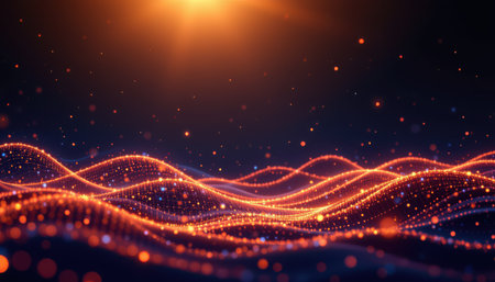 abstract glowing waves and digital light dots on a dark background, subject positioned at the bottom with clear copy space at the top, in minimalist style under morning radiance.の素材