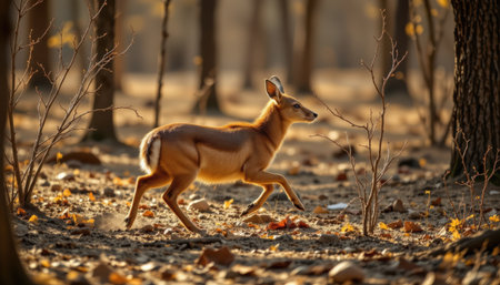 timeless dhole photographed in a running pose in a dry forest, in a classic wildlife photography style, with russet tones, golden light, high resolutionの素材