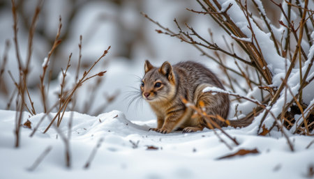 timeless weasel photographed in a crouched pose in a snowy brush, in a classic wildlife photography style, with stark tones, soft winter light, high resolutionの素材