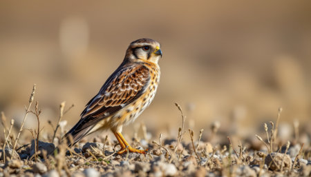 timeless kestrel photographed in a perched pose in a dry grassland, in a classic wildlife photography style, with warm tan tones, bright light, high resolutionの素材