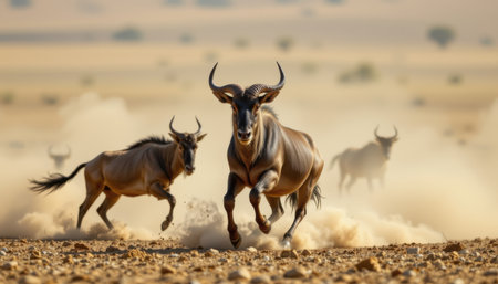timeless wildebeest photographed in a charging pose in a dusty plain, in a classic wildlife photography style, with tan tones, backlight, high resolutionの素材