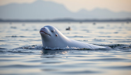 timeless beluga photographed in a surfacing pose in a frozen bay, in a classic wildlife photography style, with pearl tones, glacial light, high resolutionの素材