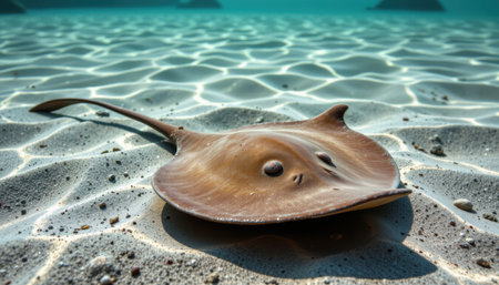 timeless stingray photographed in a gliding pose in a sandy bottom, in a classic wildlife photography style, with muted sea tones, filtered light, high resolutionの素材
