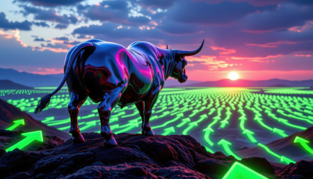 imagine looking out over a vast, shimmering landscape at the distant horizon, where a majestic metallic bull stands proudly amidst a sea of glowing green upward trending arrows, the bullの素材