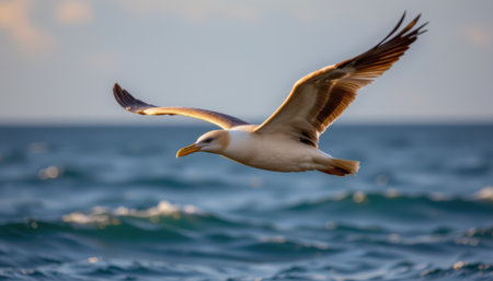 timeless albatross photographed in a soaring pose in a coastal breeze, in a classic wildlife photography style, with cool sky tones, golden light, high resolutionの素材