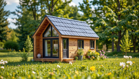 little eco house on green grass.の素材