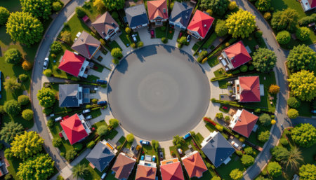 a diverse mix of housing types arranged in a circular pattern, top view, copy space at the bottom for text, mixed media content.の素材