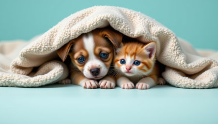 futuristic teal toned background with an adorable puppy and kitten cuddling under a soft blanket at the top, ample copy space at the bottom.の素材